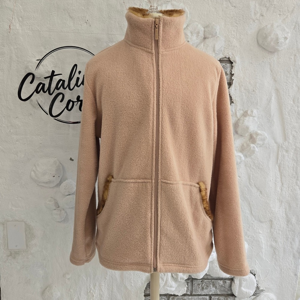 Carolyn Taylor by Design Peach Tan Fleece Faux Fur Trim Full Zip Jacket Small